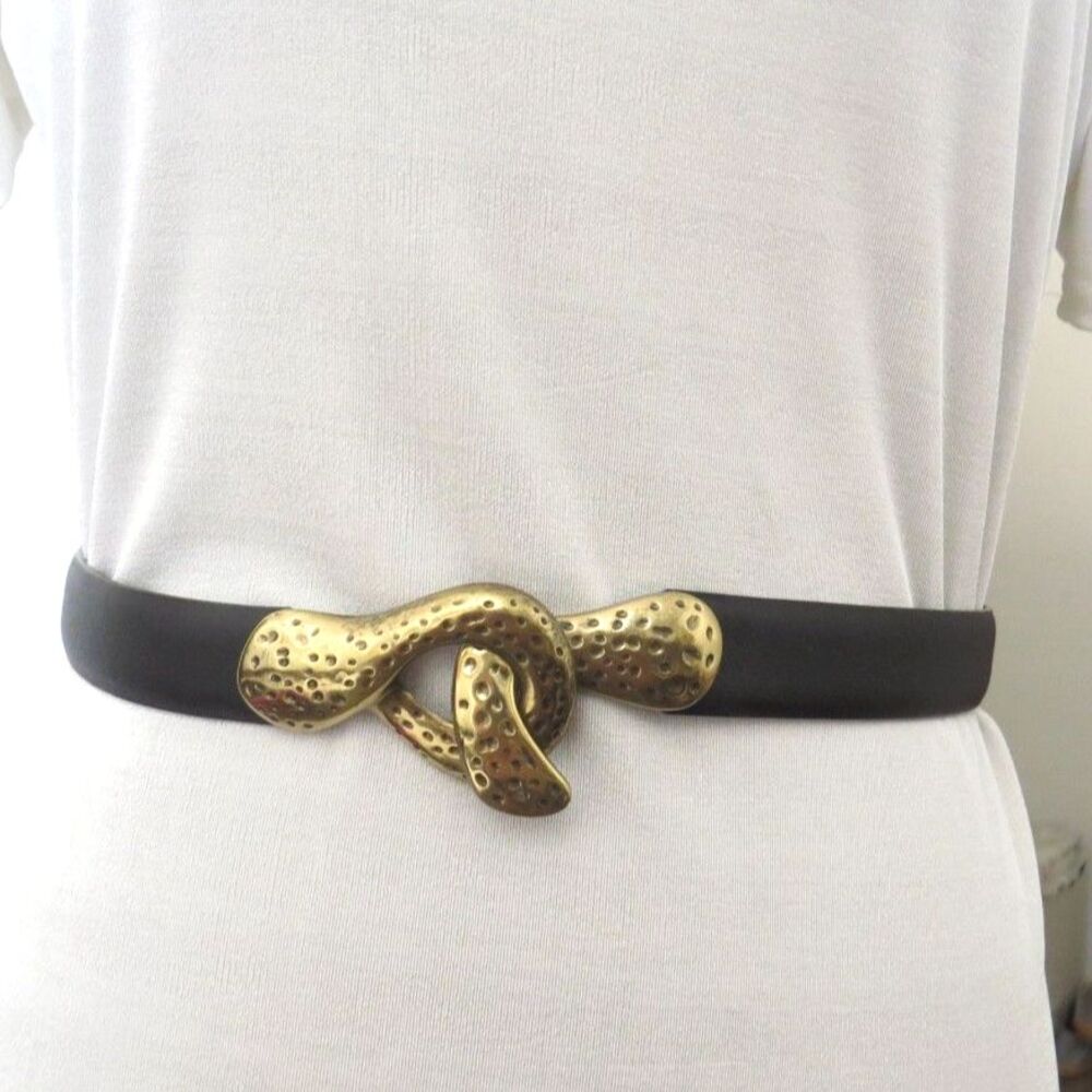 Chico's Women's Vintage Hammered Brass Adjustable Belt Black Leather S/M NWOT - Picture 3 of 7